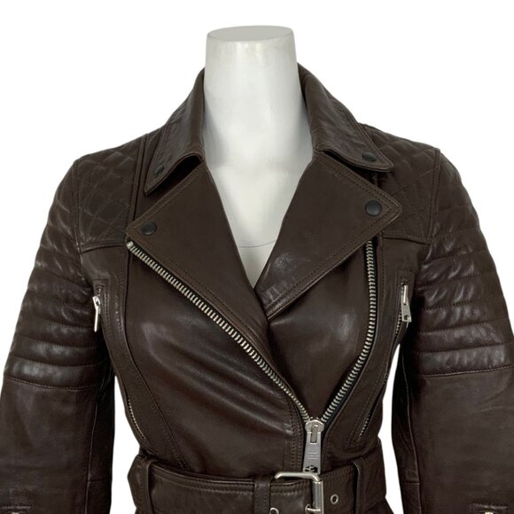 AllSaint Bryden Biker Leather Jacket 0 Brown Belted Moto Zipper Front Pockets - Picture 6 of 14